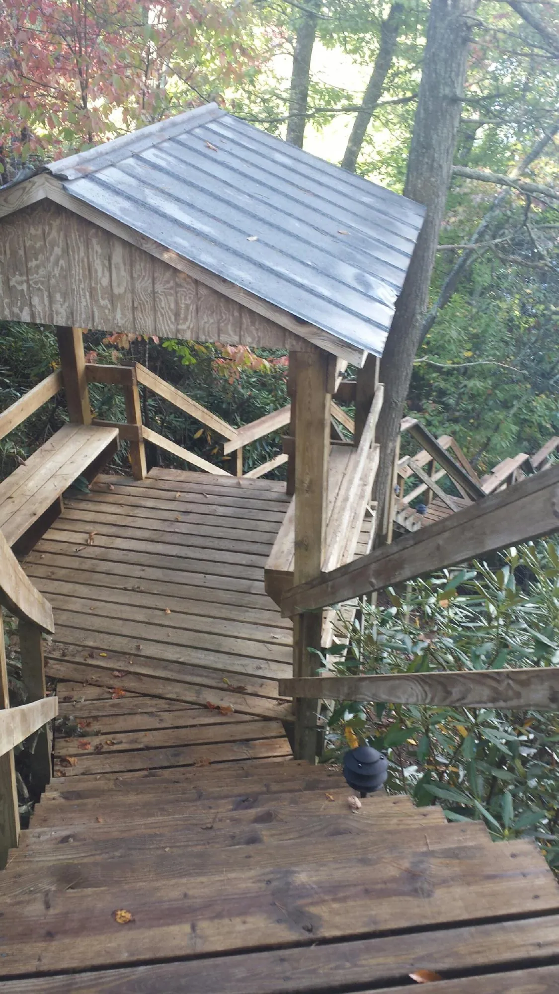Metal roofed shelter over wooden steps on a wooded walkway — Skylight Repair & Installation work by our crew in Armona